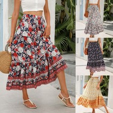 Ladies Elastic Waist Holiday Floral Gypsy Long Skirts Dress Summer Beach Skirt A