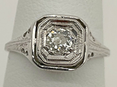18k White Gold .22cttw Old Mine Cut Natural Diamond Victorian Filigree Ring