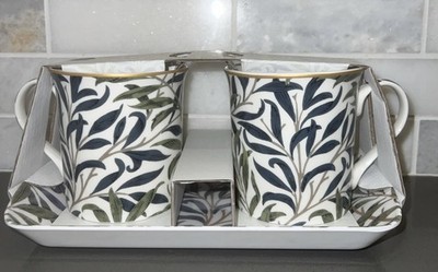 New Morris & Co Set of 2 Mugs with Tray Fine China Willow Bough Leaves Green