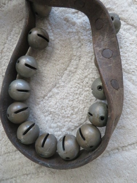 FABULOUS Old Antique Brass Horse SLEIGH BELLS on Leather Strap 49 Bells 2 Pieces