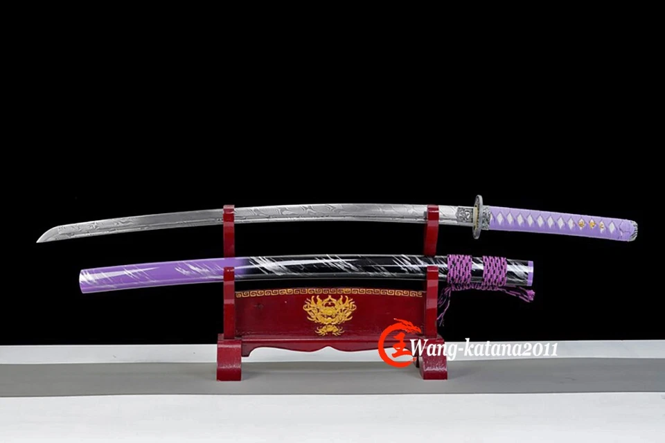 Espada Katana Samurai Japonesa Afilada Púrpura y Negra Damasco Acero Doblado Bohi Foto 2 de 4