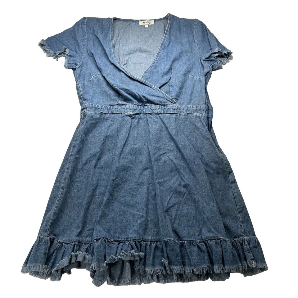 Miss Shop Womens Blue Denim Wrap Frill Hem Short Sleeve Mini Dress Size 14