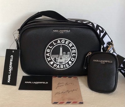 NWT~KARL LAGERFELD PARIS BLACK CROSSBODY BLACK DET COIN PURSE FABRIC LOGO STRAP