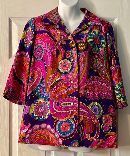 Vintage 1970s PSYCHEDELIC Groovy Hippie ButtonDown Shirt Pink Purple - Picture 2 of 6