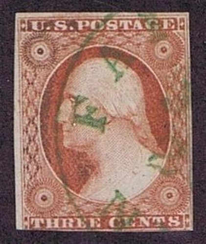 US 11A USED 3c WASHINGTON, 1853-1855, GREEN PTL CDS CCL, PSE CERT NICE! - Bild 1 von 2