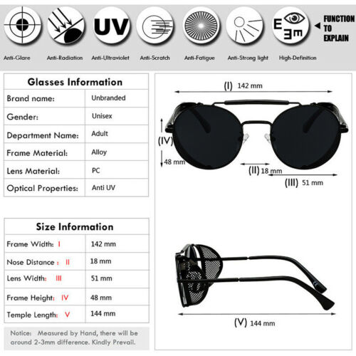 Men's Vintage Goggles Metal Side Shield Design Retro Steampunk Round Sunglasses - Picture 21 of 23