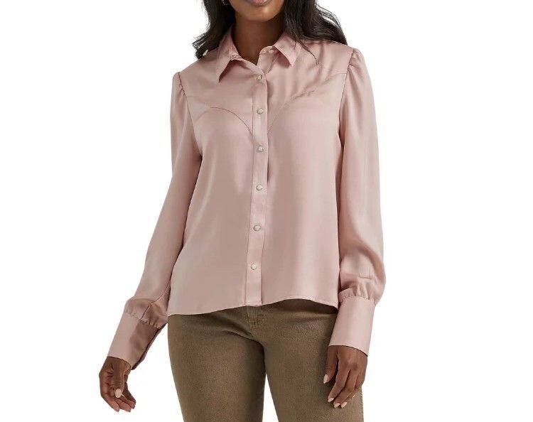 Wrangler Retro Womens Long Sleeve Satin Snap Blouse Shirt Pink Rodeo Style
