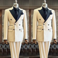 Beige Men's Suit Business Wedding Groom Regular Party Hosting Coat Peated Pant
