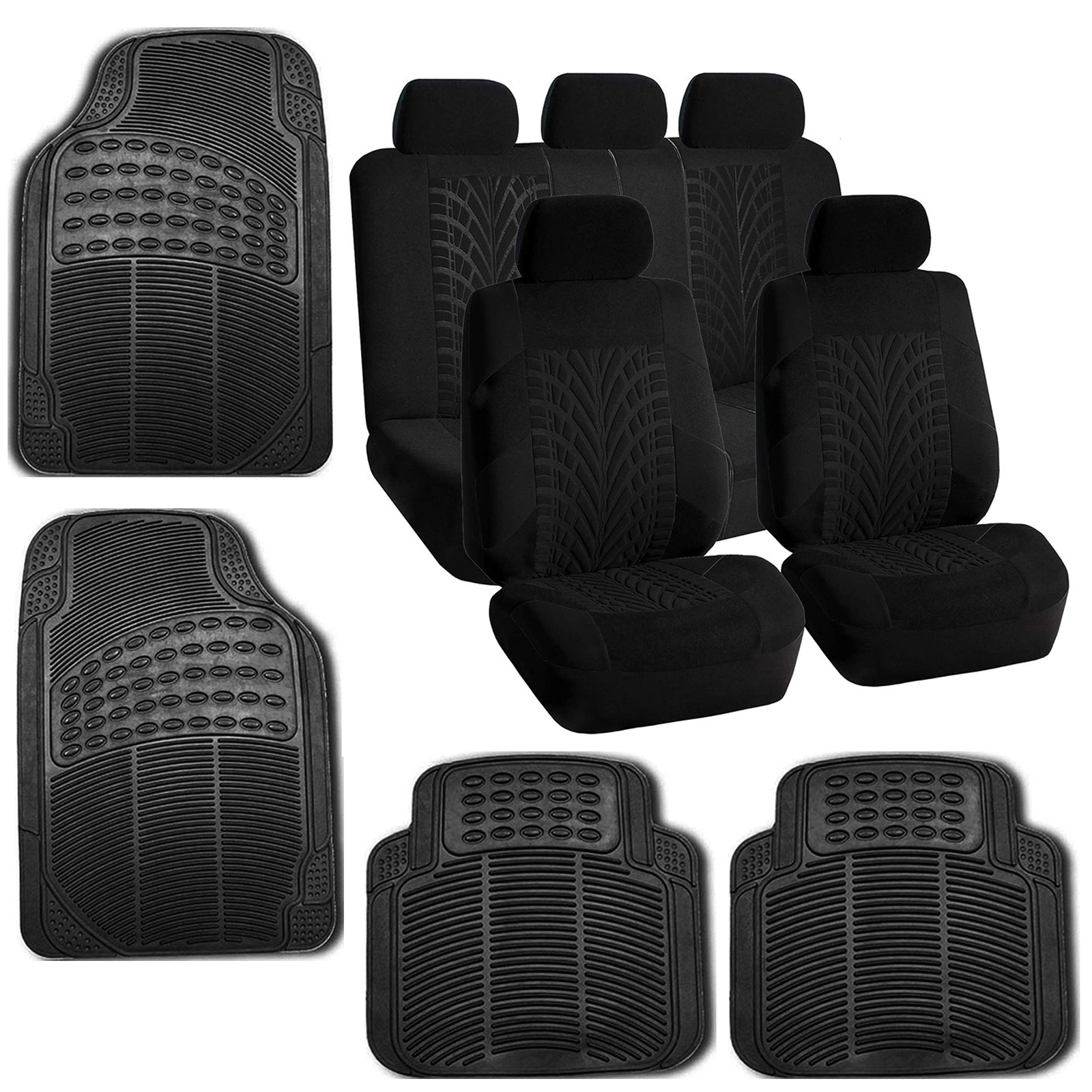 Black Solid Car Seat Covers Set for Auto w/Floor Mat