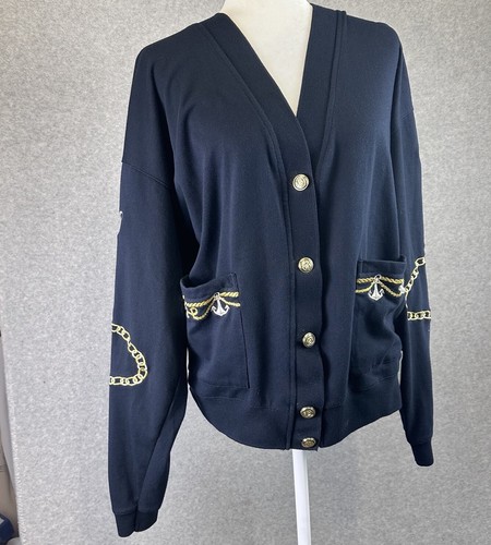 Vintage Nautical Anchor Chain Embroidery Oversized Gold Button Front Cardigan XL - Picture 3 of 15