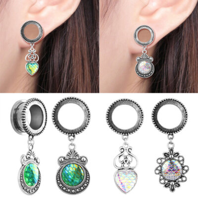 Pair 3D Fish Scale Dangle Pendant Flesh Tunnel Screw Fit Ear Plug Steel Piercing