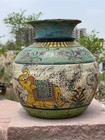 Vintage Wooden Multi-color Elephant & Flower Hand Painted Beautiful Pot - 173