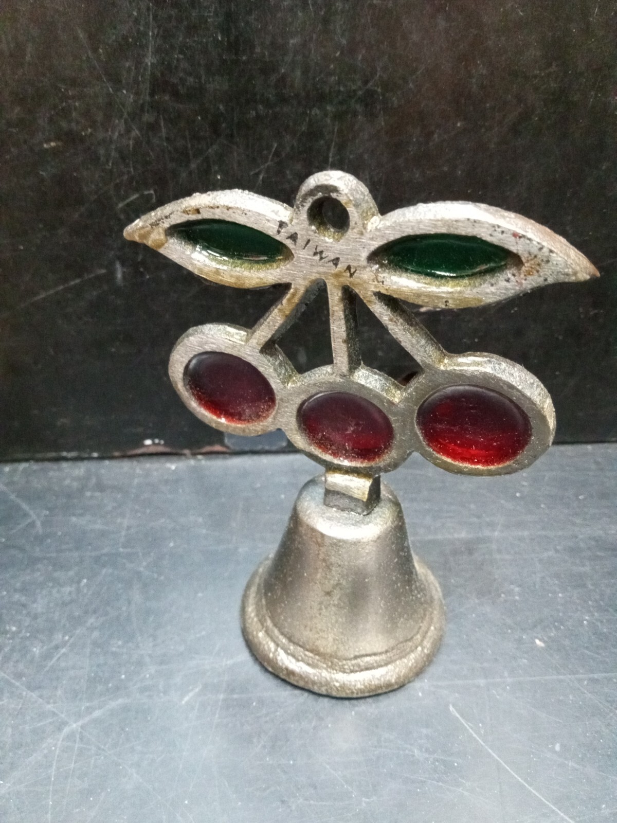 Vintage 1950's Cherries Dinner Bell, Stained Glass Cast Iron Green Leaves
