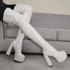 Women Over Knee High Boots Elastic Platform Round Toe Side Zip Chunky High Heels