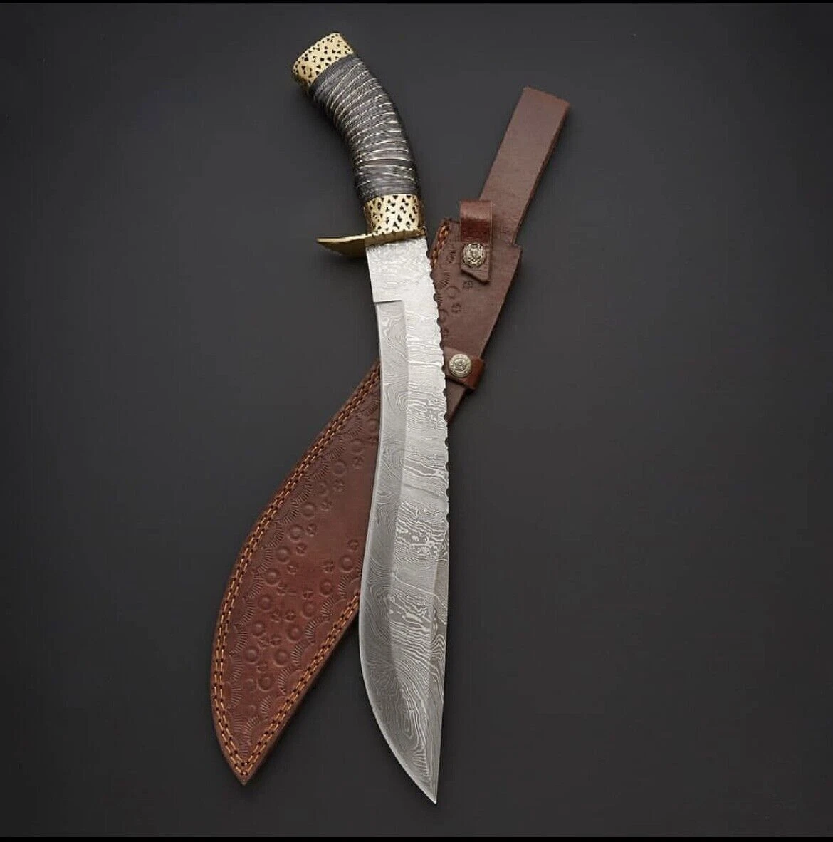 CUSTOM HAND FORGED DAMASCUS STEEL FIXED BLADE BIG KUKRI KNIFE WITH LEATHER SHEAT