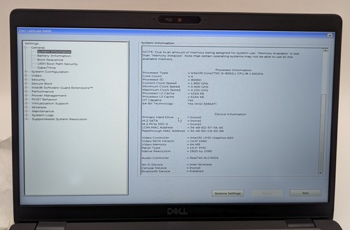 Incomplete Dell Latitude 5400 14" Laptop Intel Core i5-8365U 1.60GHz 8GB RAM - Afbeelding 4 van 14