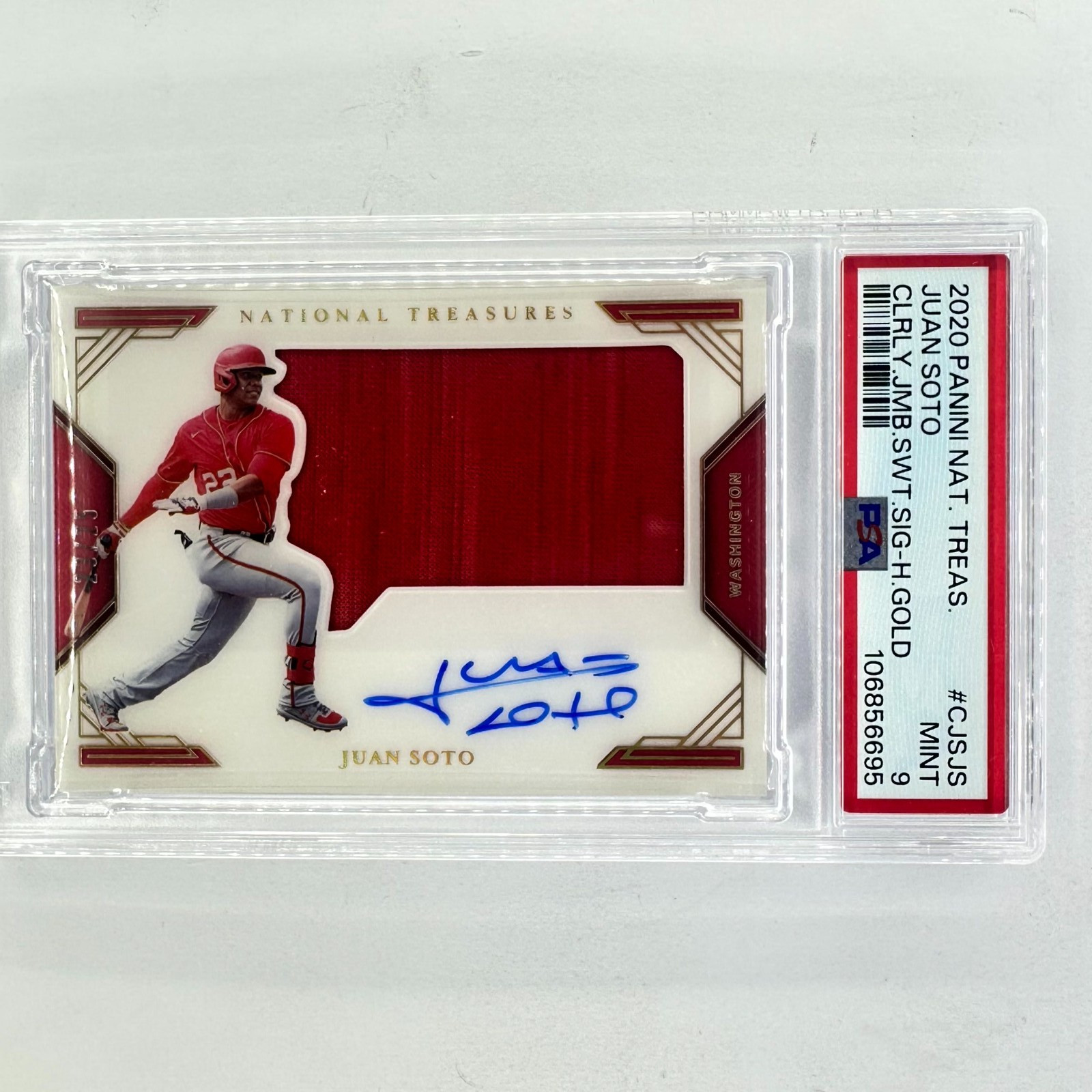 2020 National Treasures Baseball Juan Soto on-card Auto patch /10 Gold PSA 9