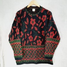 Vintage 80s Red Green Metallic Floral Black Sweater Grandma Core Womens L