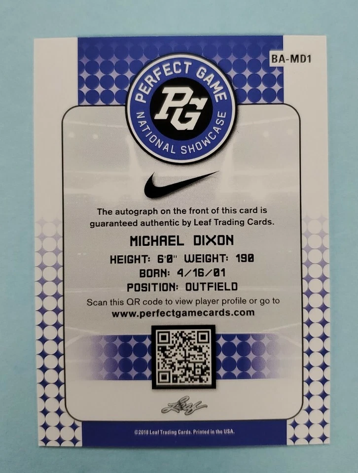 2018 Leaf Perfect Game Michael Dixon Auto Black #BA-MD1 Card /50 - Image 2 of 2