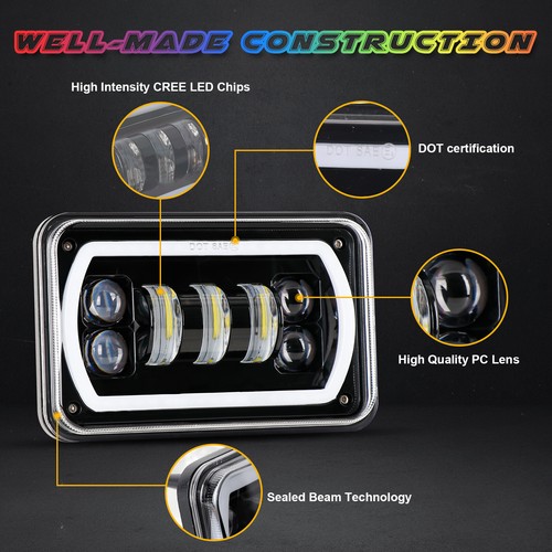 4x6" inch RGB Ring Hi/Lo DRL Combo Beam LED Headlights For Chevrolet Monte Carlo - Bild 9 von 9
