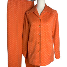 Vintage 70s Leisure Pants Suit Womens M Orange Bellbottoms Double Knit Polyester