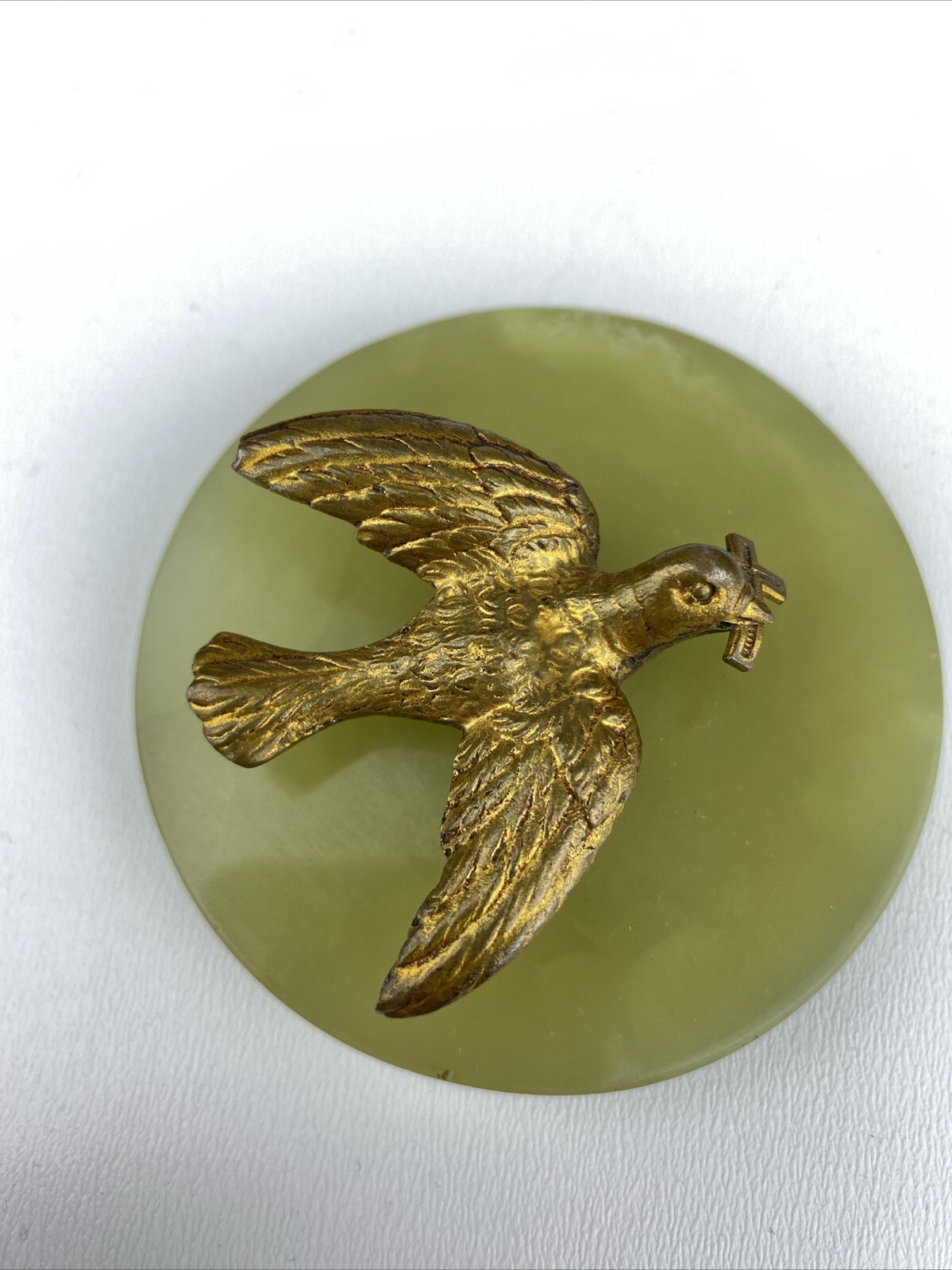 Heiliger Geist Taube mit Kreuz Heiligenfigur Wandobjekt Bronze signiert Antik