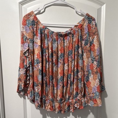 Hippie tunic Wild Root Multicolor Floral Ruffle Off-the-Shoulder Rayon  Blouse M
