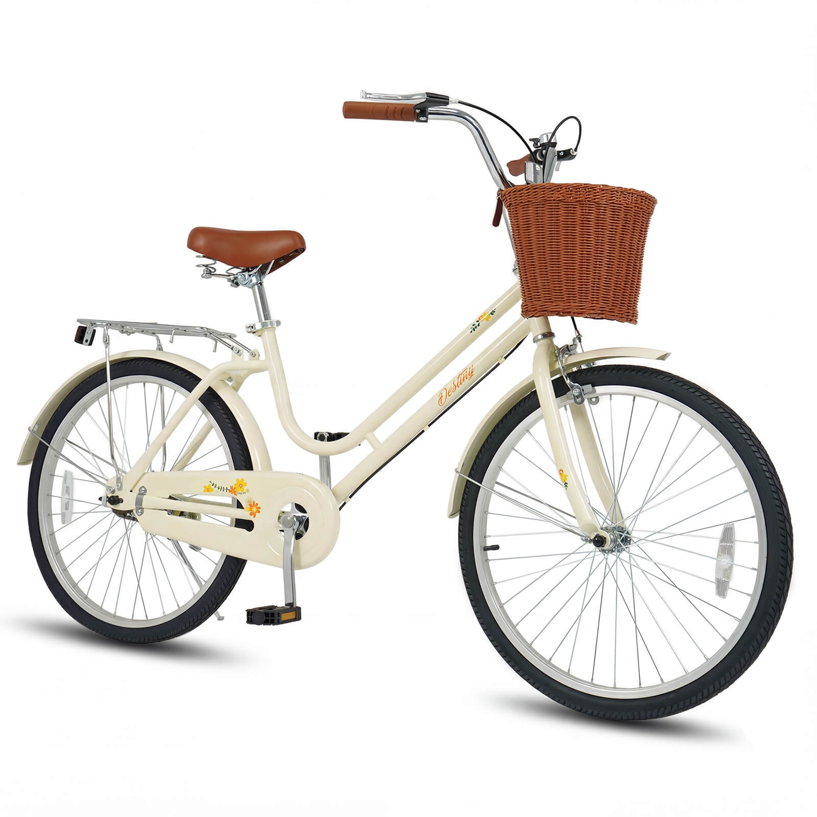 24-Inch Beach Cruiser Bike,w/Adjustable Seat, Woven Basket & Rear Rack,Beige.