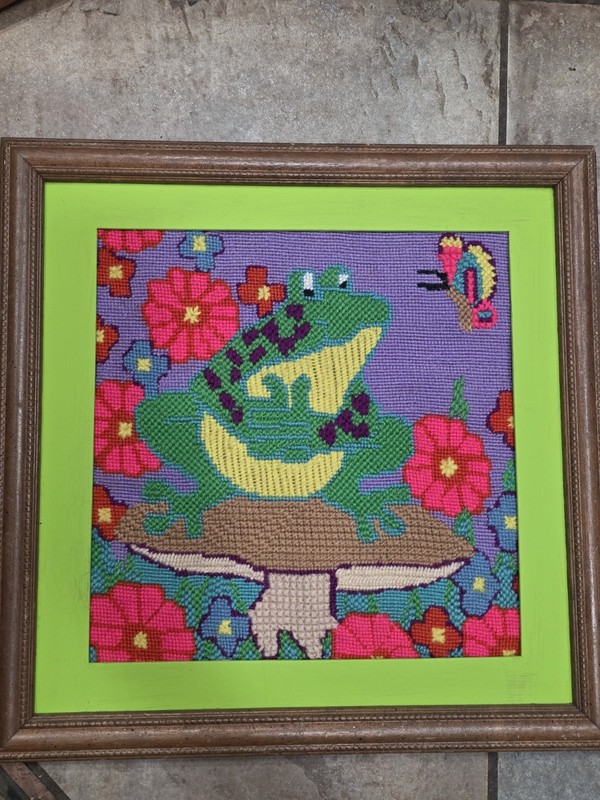 Vintage Needlepoint Crewel  PSYCHEDELIC  Frog On Mushroom Flowers Butterfly 