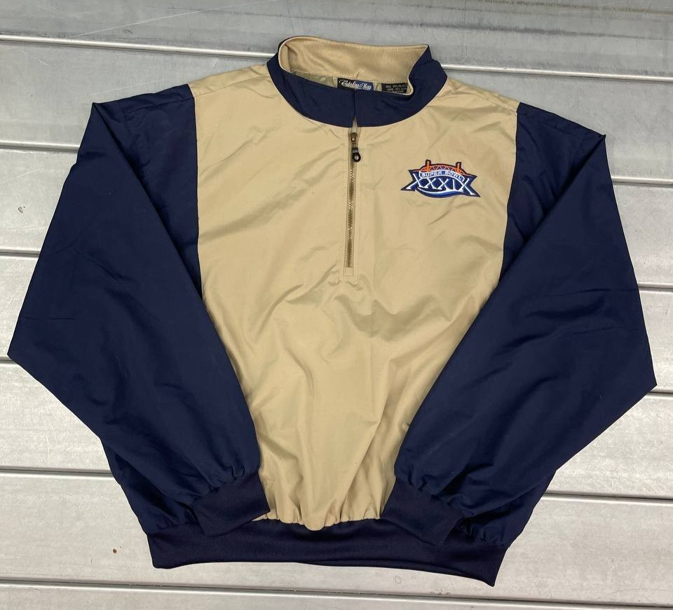 Vintage NFL Super Bowl 39 Windbreaker Jacket Mens XL Tan Navy Quarter Zip