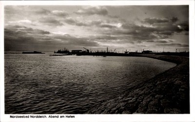 Postcard Norddeich Norden East Frisia, North Sea resort evening at the port - 5040993