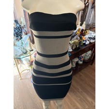 Fashion Nova Tan Black Striped Ribbed Knit Bodycon Strapless Mini Tube Dress