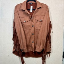 Papermoon Tenley Fringe Jacket Chocolate Brown Faux Suede Western Shacket Small