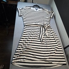 Chaps Womens Black White Striped Tie Waist Short Sleeve Knee Length Dress Medium