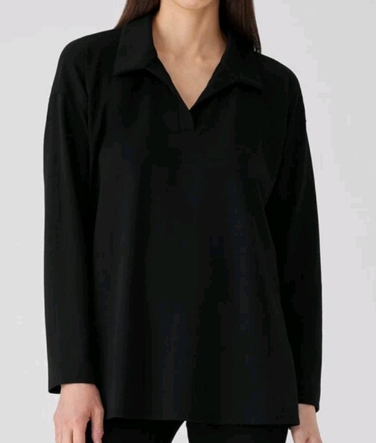 NWOT Eileen Fisher Women Tunic V-Neck Black Organic Cotton Long Sleeve Size M