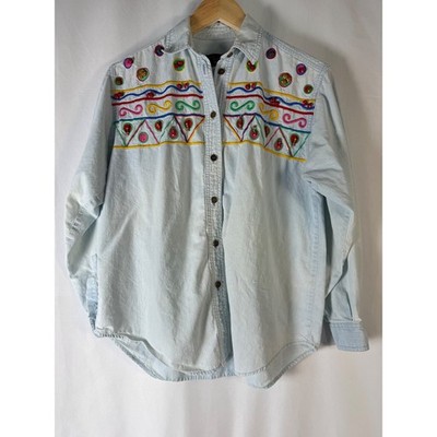 CHAUS SPORT Womens Light Wash Denim Button Down Shirt Embroidered Top Size M