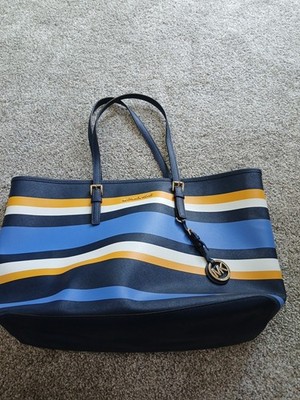 Michael Kors Striped Jet Set Multifunction Tote Blue White & Yellow EUC