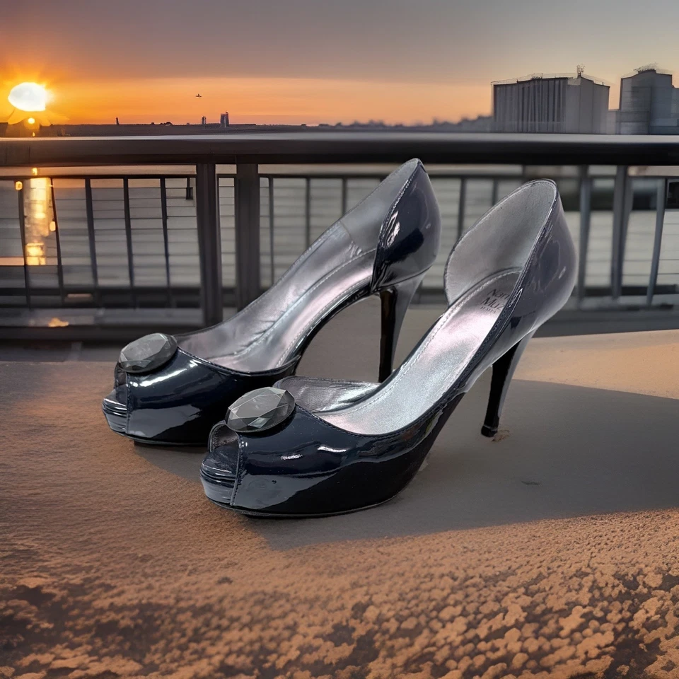 Zapatos Nando Muzi Azul Oscuro Charol Piedra Gema Tacones Punta Abierta 37.5 / 7.5 Foto 3 de 4