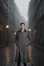 Men  s Victorian Grey Wool Regency Tailcoat Long Frock Coat Overcoat