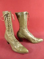 Antique Victorian Canvas Lined Tan Leather Lace Up Granny Boots Shoes Heels