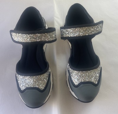 MARNI Gray/Black Canvas Mary Jane Sneaker W/Silver Glitter Sz. 38 Mint Cond $895