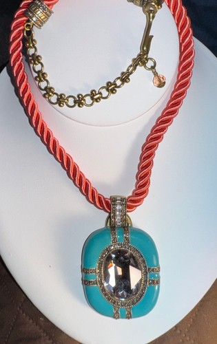 Heidi Daus Rhinestones Pendant Turquoise Necklace On Salmon Red Cord 13”
