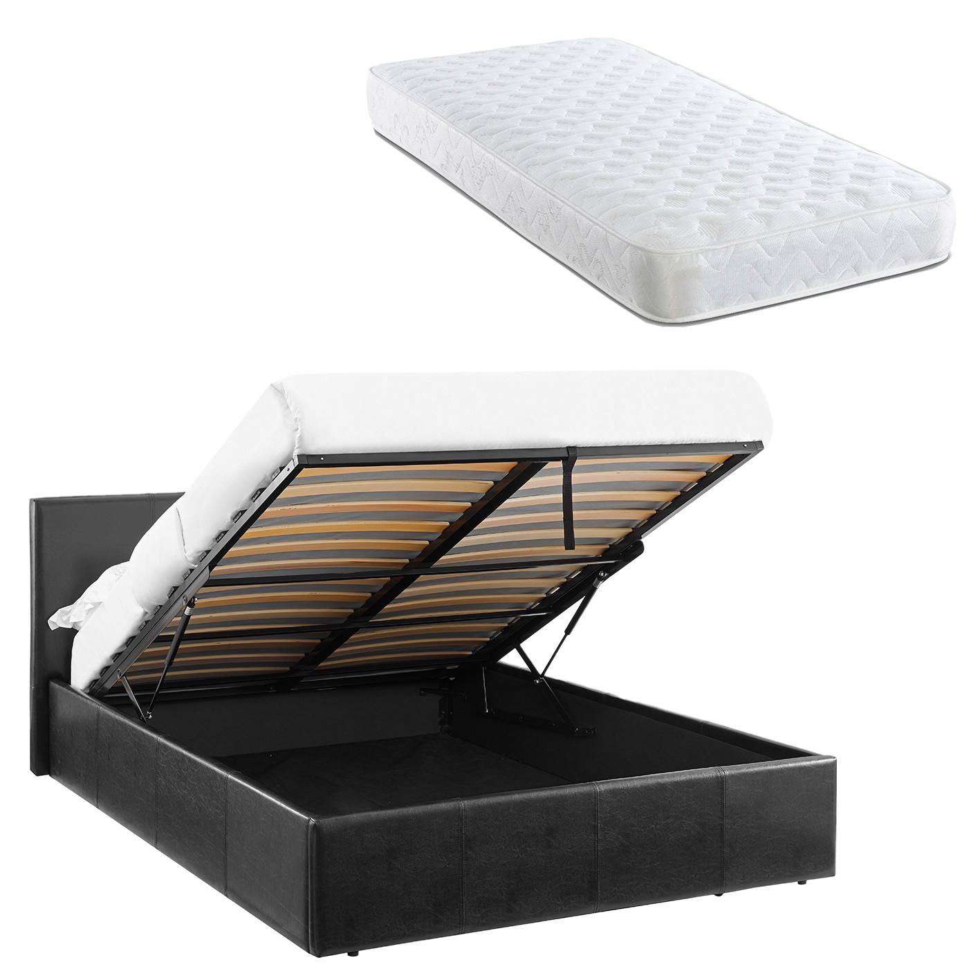 3FT Single Ottoman Bed Black PU Leather + Sprung Mattress LUNA