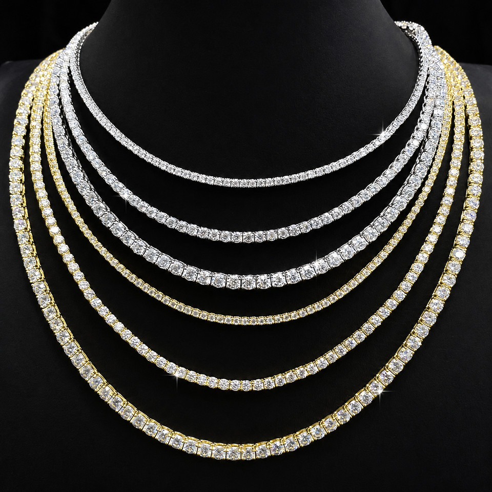 Collar de cadena de tenis moissanita de plata de ley 925 de 2-6,5 mm 14-24 pulgadas para hombre y mujer