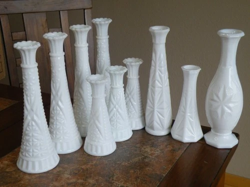 Vintage Lot Of 10 Milk Glass Stars & Bars Vases + Starburst Etc. 6"-9" FREE SHIP