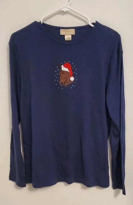 M&C Sportswear Embroidered Horse W/ Santa Hat Long Sleeve Shirt Women's XL