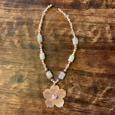 Rare Vintage Neiman Marcus rose quartz and pearl necklace with flower pendant.