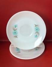 Vintage Set Of 2 Fire King Bonnie Blue Flower Milk Glass SAUCERS Boutonniere