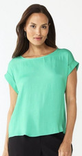 Women’s Nine West Med Roll Cuff Woven Tee Scoop Neck Dolman Sleeves Tangy Green