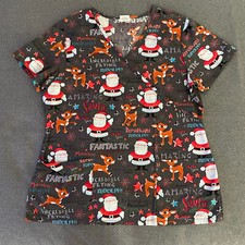 Rudolph the Red Nosed Reindeer Womens M Christmas Scrub Top Gray Cotton Pockets
